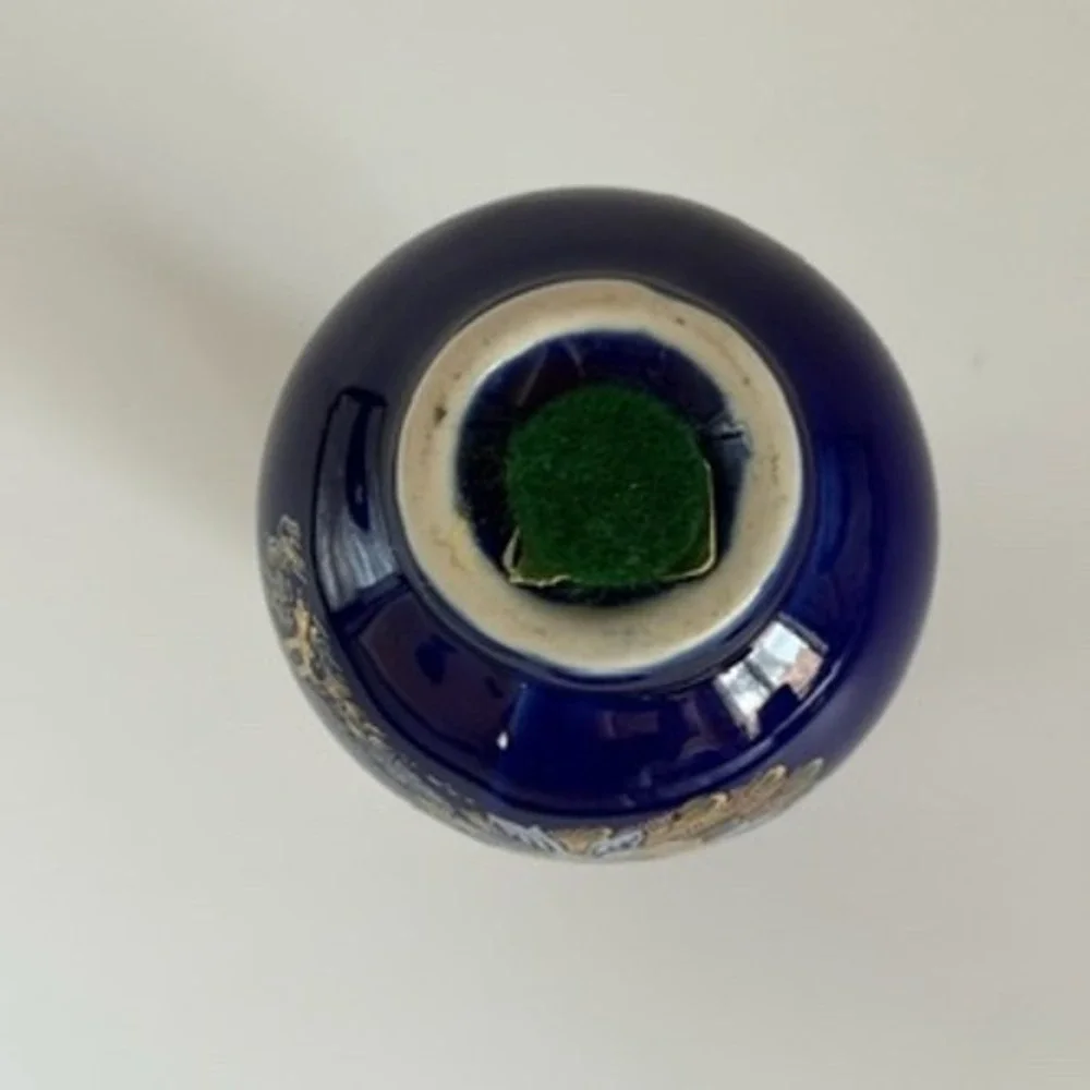 Vintage Blue Ceramic Vase‎ Peacock Floral Gold Detail Small Accent